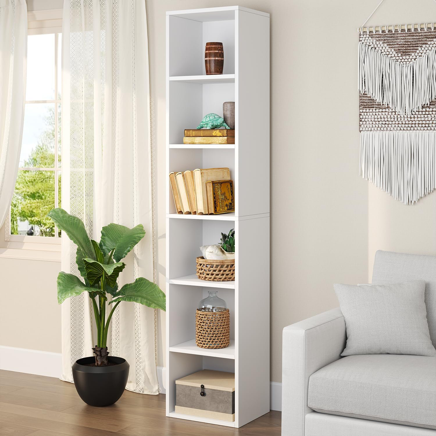 Tall Narrow Bookshelf 6 Tier Cube Display Rack Modern Corner Bookshelf with Storage Space Latitude Run Color White